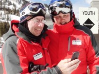 Brighton Resort ski instructors Lenny Bernstein and Amanda Cimini check the phone. Lenny is wearing ThinOptics.
Credit: Harriet Wallis