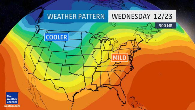 Next week's jet stream pattern from the Weather Channel. Don't like the word "Mild" where it is. Credit: Weather Channel.