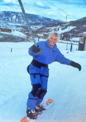 Bebe learned snowboarding at 70. Credit: Bebe Wood