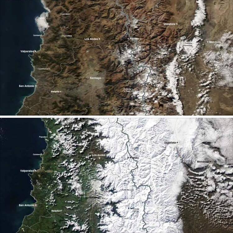Before and After satellite images of Portillo region in Chile captures the magnitude of the storm