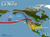 In a La Nina year, the jet stream typically gets bent south, bringing cold air to southern Canada/nothern US.
Credit: NOAA/NWS