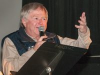 "Bernie Weichsel speaks at the Jerry Awards at the Ishpeming 100 Film Festival during Skiing History Week in Steamboat Springs."