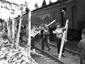 Skiers unloading in Grandview, circa 1946.