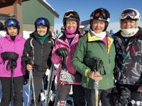 Indie Ski Club members get ready to ski Mountain Masters: left to right:
Anne Kelvin, Laryn Peterson, Marilyn Rader, Janet Zusman, Sue Johnson
Credit: Tamsin Venn