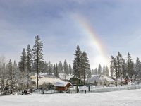 The base at Tamarack Resort with sports and cafe domes and a snow rainbow.
Credit: Tamarack Resort