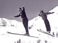 Alf Engen and Alan Engen jumping at Alta, circa 1949.