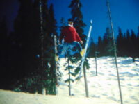 George Adzick at A-Basin 1982 in Daphne style, a Bernard Altman sweater, jeans, Nordica Astro Bananas, and 210 Blizzards.