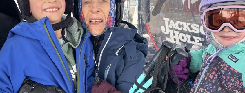 93YO Francoise Roux with two great-grandchldren at Jackson Hole