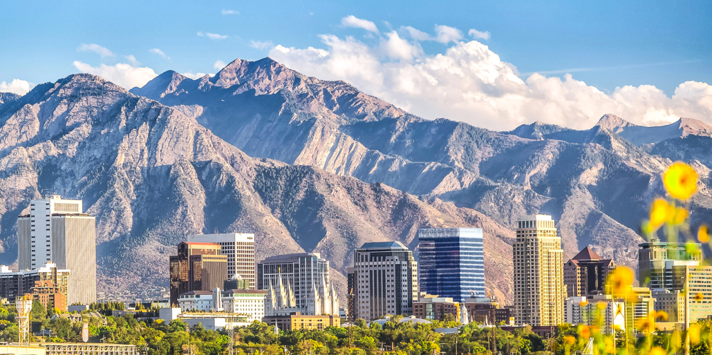 Downtown Salt Lake City skyline with mountains behind