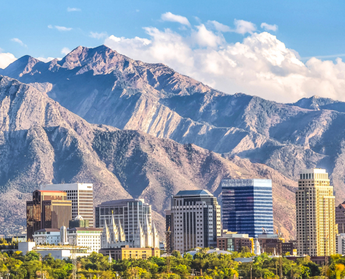 Downtown Salt Lake City skyline with mountains behind