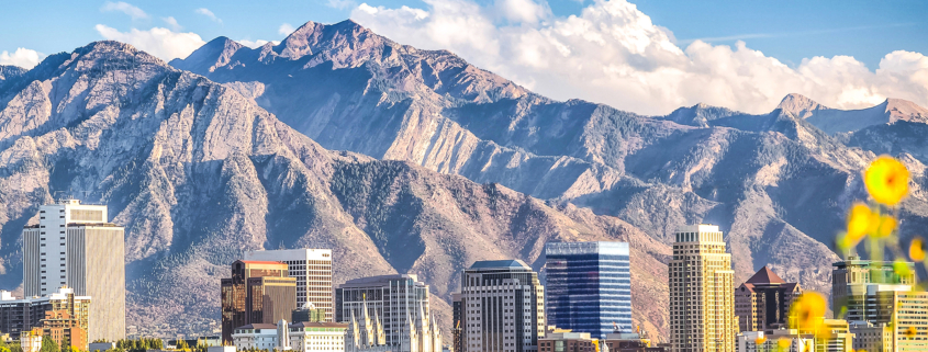 Downtown Salt Lake City skyline with mountains behind
